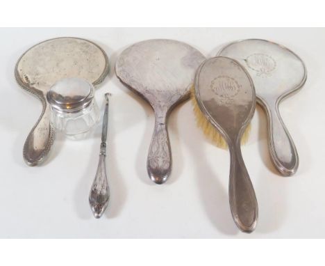 Three Silver Backed Hand Mirrors, brush, slice cut glass and silver topped dressing table pot and button hook 