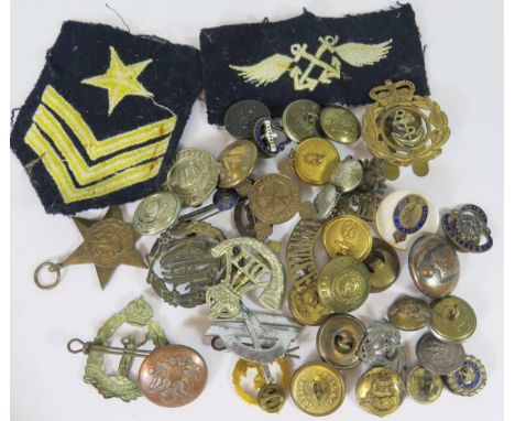 A Collection of Military Cap Badges, buttons, cloth badges etc. including Royal Corps of Signals silver and enamel brooch and