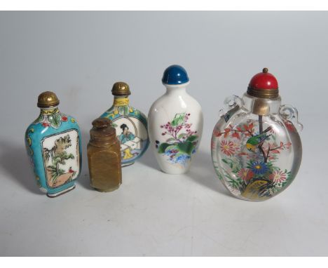 A Chinese Porcelain Floral Decorated Snuff Box, two modern cloisonne, one glass and one soapstone