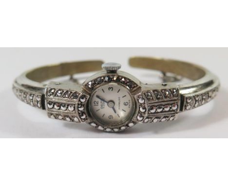 A Ladies Delfin 17 Jewel Silver and Marcasite Cased Manual Cocktail Watch, running 