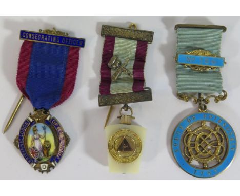 Two Masonic Silver and Enamel 'Jewels' and one other silver and hardstone 
