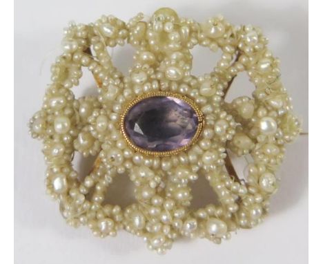 A Georgian Seed Pearl and Amethyst Brooch, 31x27mm 