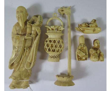 Three Antique Japanese Carved Ivory Netsuke, damaged okimono and carved bone ornament **UK BIDDING ONLY** 