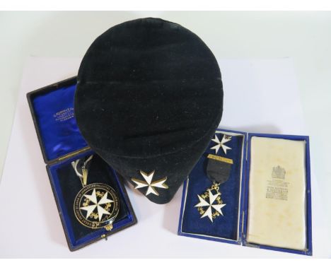 Masonic Silver and Enamel Knights of the Order of St John of Jerusalem 'Jewels' and hat 