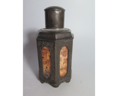 A Chinese Pewter Tea Flask of hexagonal form and with inset hand painted glass panels, 18cm