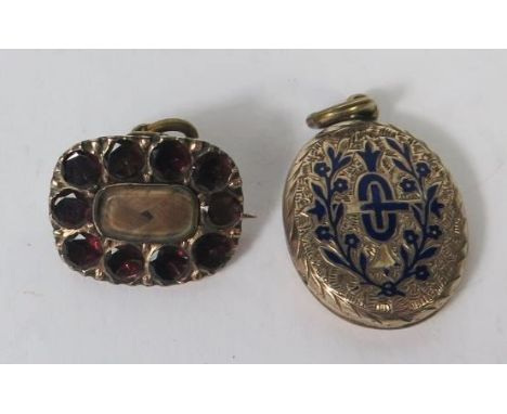 A Georgian Garnet and Woven Hair Memorial Brooch and enamel pendant 