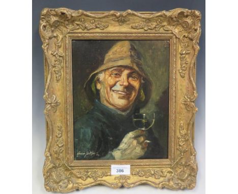Henrie Pitcher, Fisherman with wine glass, oil on canvas, gilt gesso framed, 24x19cm 