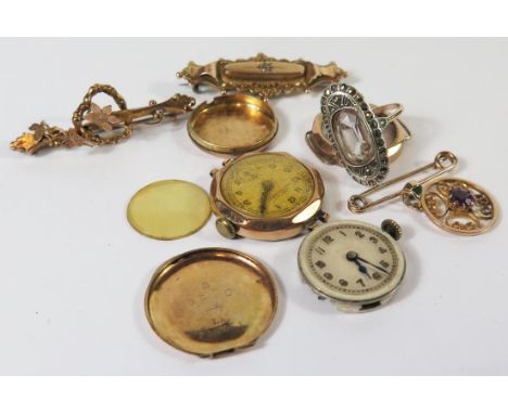 Two 9ct Gold Ladies Wristwatches, 9ct gold brooches, amethyst pendant and ring, 8.3g weighable gold 