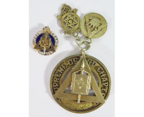 A Masonic Supreme Grand Chapter Silver Gilt 'Jewel', 9ct gold and enamel fob 4.3g and two others 