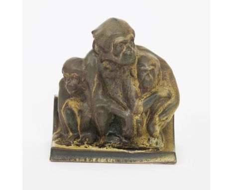 A Carter Stabler & Adams Poole Pottery book end modelled as three wise monkeys, designed by Hugh Llewellyn,  covered in a run