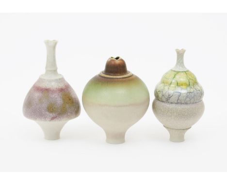 Geoffrey Swindell (born 1945) three porcelain vases, glazed in colours incised S marks, 15cm. high (tallest) (3)  Literature 