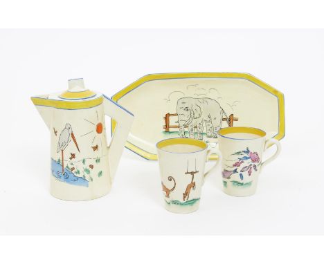 A rare Kiddies Ware hot-chocolate service designed by Joan Shorter, for Clarice Cliff, printed and painted with naive animals