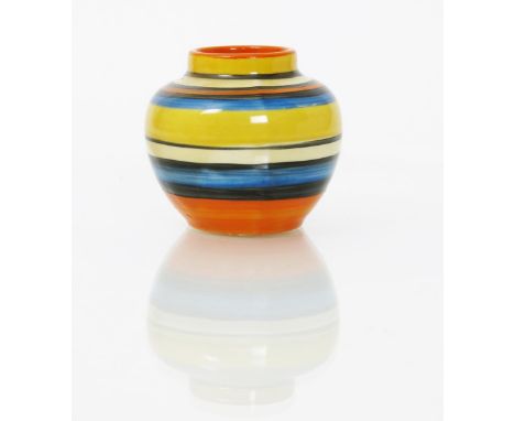 'Liberty' a rare Clarice Cliff miniature vase, shape no.177, painted with bands printed factory mark, 6cm. high  