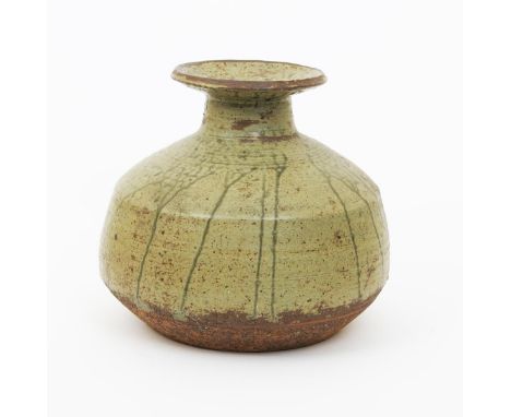 •Janet Leach (1918-1997) a Leach Pottery large and impressive stoneware vase, shouldered form, covered in a running ash green
