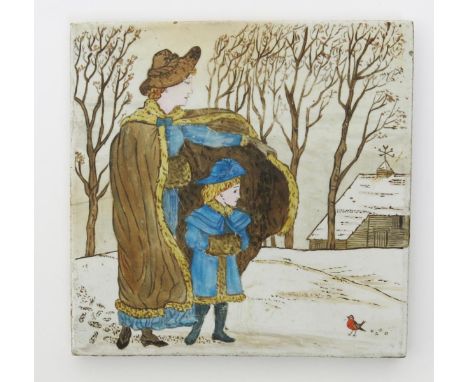 A Copeland Pottery tile depicting winter,  painted in colours impressed Copeland mark, 15cm. square  