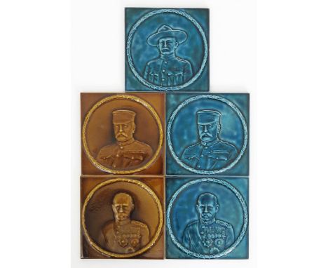 A Pilkington's tile cast in low relief with a portrait of a Robert Baden Powell,  in military dress, inside foliate border, g
