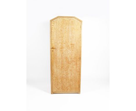 A Heal's weathered oak wardrobe,  with canted top, internally fitted with single shelf and hanging rail, inset ivorine label 