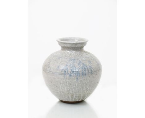 •Malcolm Pepper (1937-1980) a crackle glazed stoneware vase, ovoid, shouldered form with everted rim, painted with a frieze o