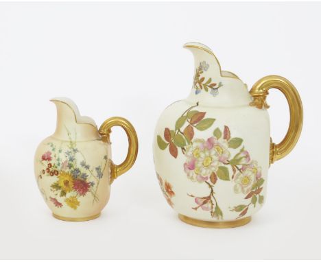A Royal Worcester ewer,  dimpled ovoid form, printed and painted in colours and gilt with apple blossom spray, and another Ro