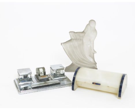 A silver mounted alabaster and lapis desk tidy, streamlined form, with silver hinge, applied bands of lapis, a chrome metal a