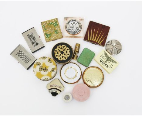 A Dhassy Brevete enamelled metal compact,  canted square section, the hinged cover enamelled with geometric design set with e