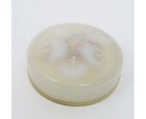 'Houppes' no. 6451 a Lalique opalescent glass powder box and cover, and a Lalique cellulose lamp shade decorated with Dom Rem