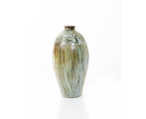 David Leach (1911-2005) a Lowerdown Pottery vase,  slender form with swollen neck and collar rim, covered in a running Dolomi