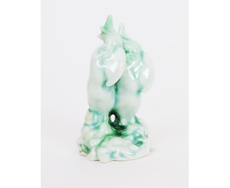 A rare Chinese Jade  Cockatoos figure group by Charles Noke,  covered in a green and white jade glaze printed and painted mar