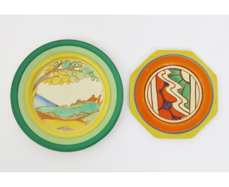'Sunrise' a Clarice Cliff Fantasque Bizarre side plate,   painted in colours inside orange and yellow bands, and a 'Secrets' 