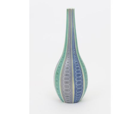 A Poole Pottery Contemporary Carafe vase designed by Alfred Read, pattern X/PLT, painted with columns in Tropic Turquoise, Pu