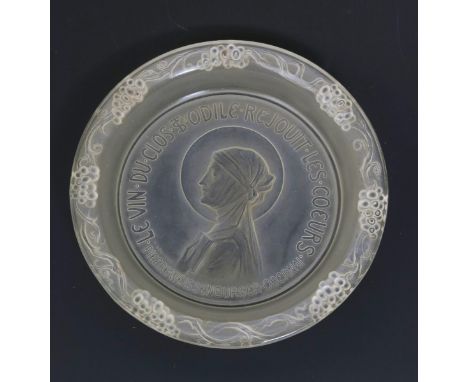 ' Le Vin Du Clos' a Rene Lalique clear and frosted glass advertising dish, signed R Lalique in the cast 16cm. diam.  