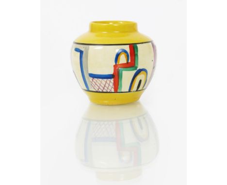 'Tennis' a Clarice Cliff Bizarre miniature vase, shape no.177, painted in colours printed mark,  6cm. high  Provenance Claric