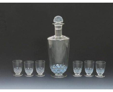 'Pouilly' no.5223 a Rene Lalique clear and frosted glass decanter and stopper and six glasses, with blue staining, stencil R 