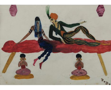 •Dodo Burgner (1907-1998) Exotic figures on a day bed watercolour on paper, unframed signed Dodo 29 x 22cm.  