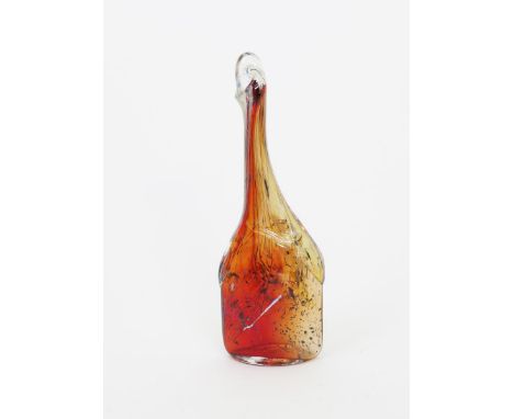 Sam Herman (born 1936) a tall bottle vase,  flattened form with tall pulled neck with irregular rim, ruby red glass with blue