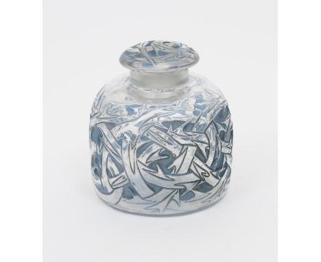 'Epins' a Rene Lalique  clear and frosted glass bottle and stopper, with blue staining, cast R Lalique to base 11cm. high  