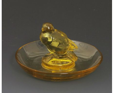 'Moineau' no.284  a Rene Lalique yellow glass pin tray, etched R Lalique France 10cm. diam.  