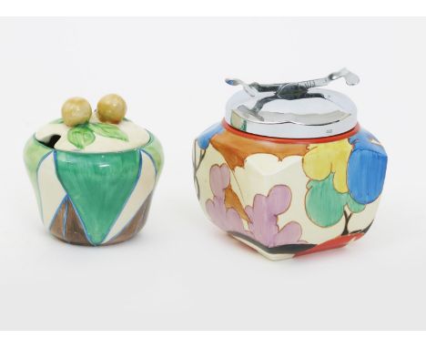 'Autumn' a Clarice Cliff Bizarre 516 sugar basin with electroplated cover, painted in colours, and a Killarney 230 preserve a