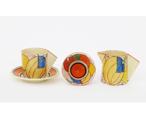'Melon' a Clarice Cliff Fantasque Bizarre Conical milk-jug and sugar basin, painted in colours, and a Melon Conical coffee ca