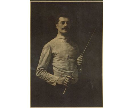 FURLEY LEWIS (1867-1935) Un Maitre d'Armes,a framed platinum print of a fencer, dated 1901, print 28cm x 20cm, on olive green
