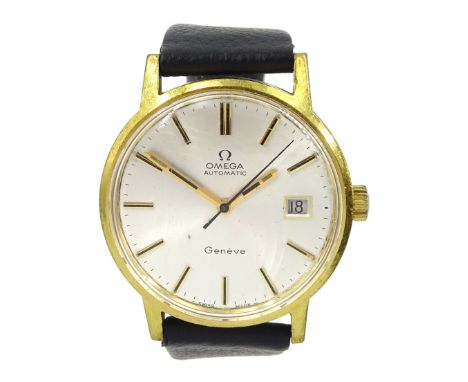 Omega Geneve gentleman's automatic gold-plated wristwatch, with date aperture, on black leather strap, boxedCondition Report: