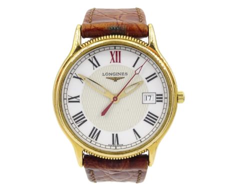 Longines gentleman's stainless steel quartz wristwatch, model No. L4.698.2, on original brown leather strapCondition Report:M