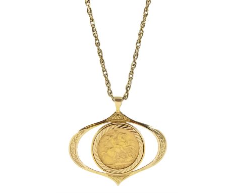 Queen Elizabeth II 1978 gold full sovereign coin, loose mounted in Art Nouveau style pendant on gold link necklace, both hall