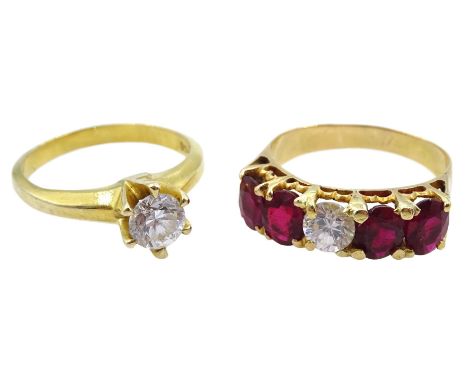 9ct gold single stone cubic zirconia ring, stamped 375 and a 15ct gold five stone cubic zirconia and pink stone ringCondition