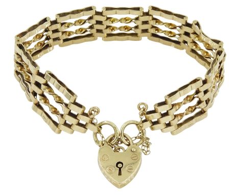 9ct gold four bar gate bracelet, with heart locket clasp, hallmarkedCondition Report:Approx 17.95gm