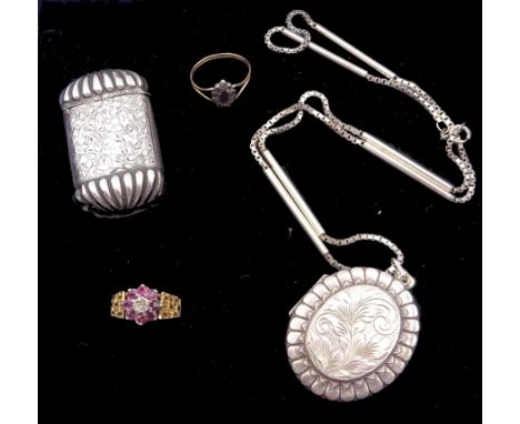 9ct gold diamond and ruby cluster ring, hallmarked, Victorian silver vesta case with bright cut floral decoration, Birmingham