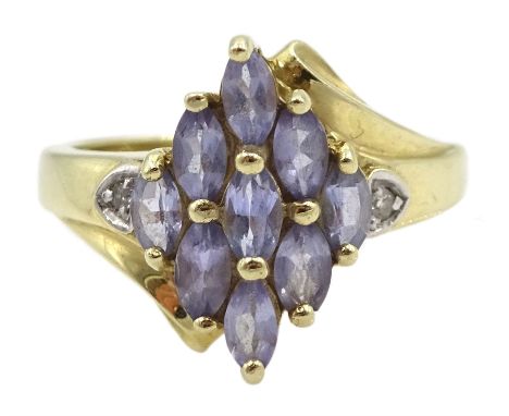 9ct gold marquise cut tanzanite cluster ring, with diamond set shoulders, hallmarkedCondition Report:Approx 2.45gm, size K, h