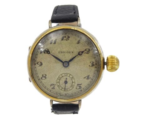 'Rolex' Unicorn silver and gold-plated manual wind wristwatch, on black leather strapCondition Report:Movement not currently 