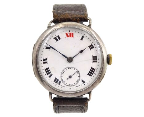 Zenith early 20th century silver manual wind wristwatch, No. 2529426, Roman numerals with subsidiary seconds dial and red 12 
