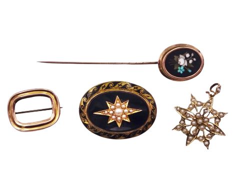 Victorian gold split pearl pendant/brooch, stamped 9ct, gold pietra dura flower stick pin, gold split pearl, glass and enamel